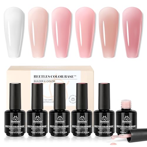 Gelab cosmetics LLC Beetles Rubber Base Gel Set 6 Colors 15ml, Milky White Gel for Cloud Ombre Nails, 5 in 1 Builder Base Coat, Self Leveling Strengthening Nail Repair, UV LED Soak Off for Weak Nails