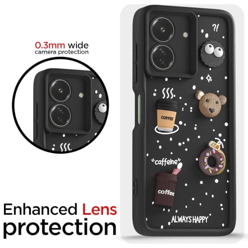 Image of Bintage Cute Fun Ball | Taddy Cartoon 3D Smiley Coffee Cup | Milk Donut | Full Camera Protection Back Cover Compatible for Poco C65 - Black