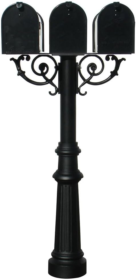 The Hanford Cast Aluminum Triple Mailbox Post System with Fluted Base, 3 Economy Mailboxes, Mounting Brackets and Scroll Supports, Ships in 2 boxes