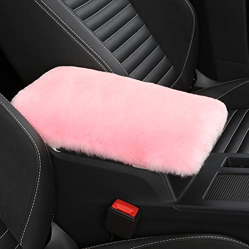 Image of IRIWOOL Sheepskin Armrest Cover Auto Center Armrest Cover Car Soft Console Pad, Fluffy Wool Auto Center Console Cover for Most Car Arm Rest Decoration Protector 7 x 13 Inch (Shearling, Pink)