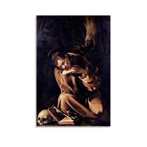 Decorazione da parete religiosa barocca San Francesco in meditazione stampa di Michelangelo Merisi Da Caravaggio, con teschio e libro aperto, pittura decorativa su tela, arte da parete per soggiorno