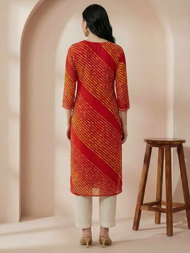 Image of INDO ERA Women's Georgette Leheriya Printed Straight Calf Length Kurtas (IEAI12232)