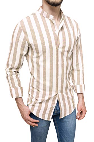 Chemise d'été en lin pour homme beige col coréen coupe large Evoga