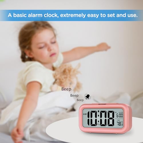 Image of Peakeep Night Light Digital Alarm Clock with Indoor Temperature, Battery Operated Desk Small Clock (Light Salmon Pink)