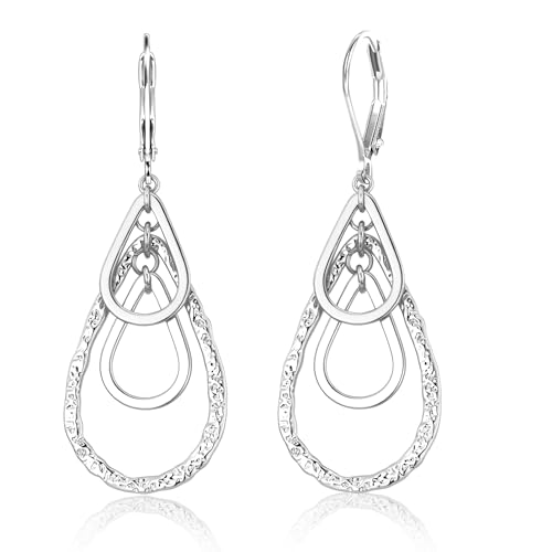 925 Sterling Silver 14K Gold Plated Teardrop Dangle Earrings for Women, ALEXCRAFT Hypoallergenic Silver Teardrop Earrings Drop Hammered Dangling Earring Leverback Dangly Earings