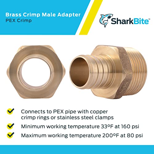 Image of SharkBite 1 Inch Crimp MNPT Male Adapter, Brass Plumbing Fitting, PEX Pipe, Copper, UC140LFA (Pack of 2)