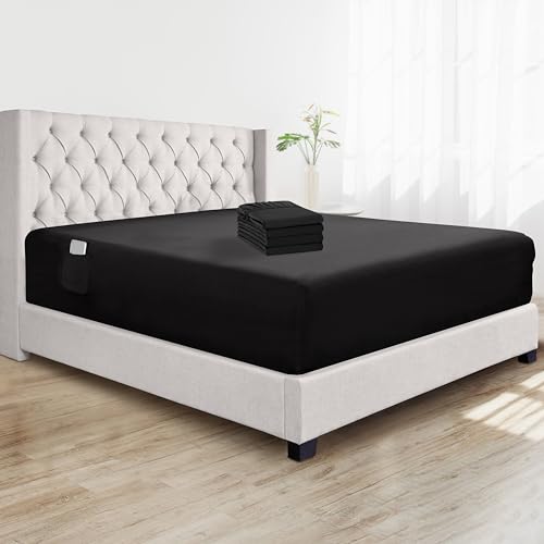 Elegant Comfort Super Soft Bulk 4-Pack Extra Deep Pocket 1500 Premium Hotel Quality Microfiber Fitted Sheet for High Mattress up to 21" inch with Double Sided Smart Pockets, Queen, Black