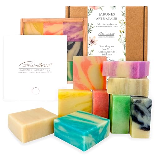 CABRERIZO SOAP 9 jabones para regalar Estuche - Caja de madera con Jabones Artesanales de Aceite de Oliva, 9 pastillas jabon facial - Jabon natural pastilla, Pastillas de Jabón Cara y cuerpo - 9x80 g.