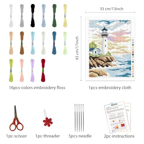 Image of FREEBLOSS Lighthouse Cross Stitch Kit Cross Stitch Starter Kit for Adults with Instructions 13 * 17'' Cotton Cloth Cross Stitch Wall Art Cross Stitch for Beginnrs Cross Stitch Wall Hanging No Frame