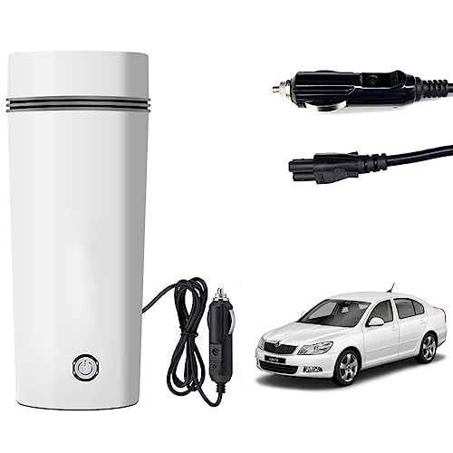 Image of Oshotto 12V Portable Electric Water Bottle for Hot Water Tea Coffee Kettle Mug Multipurpose Food Grade Fast Boil Auto Shut-off For Travel Camping, Road Trip Compatible with Skoda Laura (350ml) - White