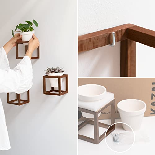 Kazai. Wall Planters -Lille- | Hanging Flower Pots In Solid Wood Frames | Plant Holder Set Made Of Ceramic And Wood For Walls, Tables And More | Walnut Brown #TOP4