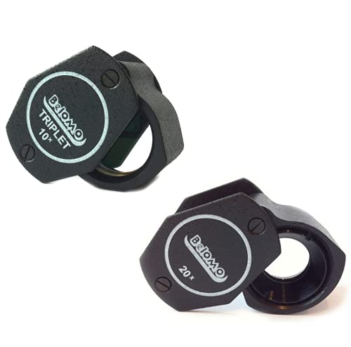 BelOMO 10x + 20x Jewelers Loupes Triplet Magnifiers. TOptical Glass with Anti-Reflection Coating for a Bright, Clear and Color Correct View. Foldable Loupe for Gems, Jewelry, Coins and Trichomes