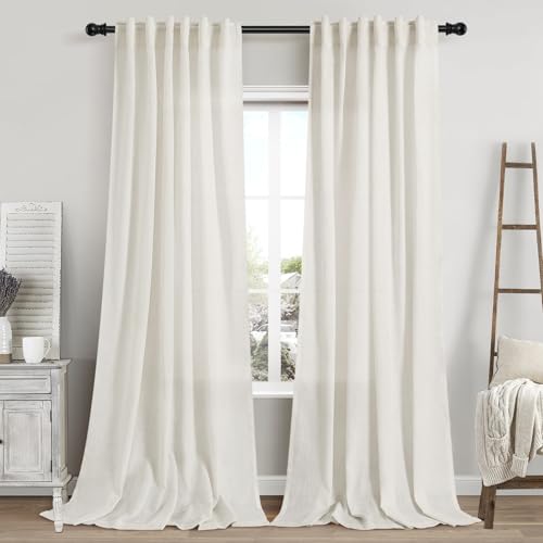 Image of Cream Linen Curtains 96 Inches Long 2 Panels Set Back Tab Rod Pocket Semi Sheer Light Filtering Window Curtain Drapes Neutral Boho Aesthetic Long Curtains for Living Room Bedroom Decor 42x96