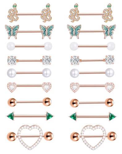 Tornito 9 Pairs Nipple Rings 14G Stainless Steel Heart Butterfly Snake Ball Emerald Triangle CZ Barbell Tongue Rings Set Cute Body Piercing Jewelry for Women 16mm Rose Gold Silver Tone