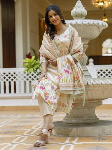 Image of VredeVogel Women's Viscose Silk Blend Straight Kurta Pant Set with Printed Dupatta for Festive & Casual Ethnic Kurta Sets