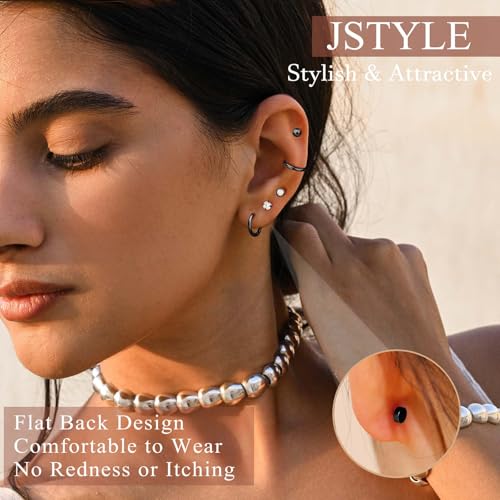 Jstyle Hypoallergenic Flat Back Stud Earrings for Women Men Surgical Stainless Steel Earrings for Sensitive Ears Small Stud Hoop Silver Gold Black Earrings Cartilage Earring Set for Multiple Piercing2