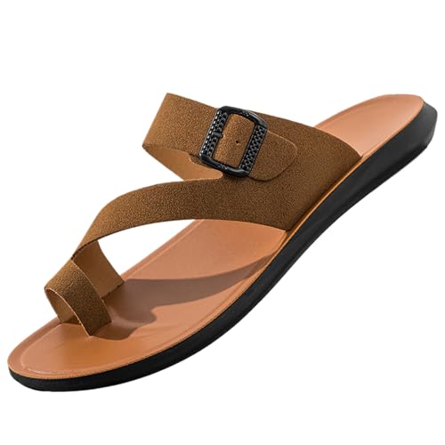 Mens Leather Beach Thong Sandals Comfortable Buckle Strap Non Slip Outdoor Flip Flop Sandals For Summer Vacation Beach Casual Daily
