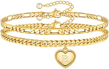 Gold Anklets Gold Ankle Bracelets for Women, 14K Gold Plated Heart Initial B Gold Anklet Bracelets for Women Ankle Bracelets for Women Figaro Gold Anklets for Women Cuban Link Anklets for Women Girls