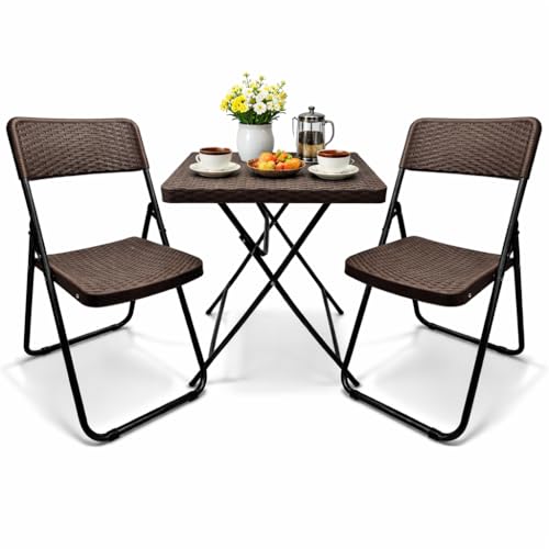 SUNMER Patio Bistro Garden Furniture Set - 3 Piece Rattan Effect Folding Table and Chairs - Heavy Duty Capacity Weather Resistant Outdoor Seating for Garden Balcony Yard and Dining - Brown