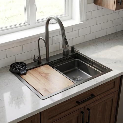 Image of Gloxy Premium Stainless Steel 304 Kitchen Sink With Pull Down Faucet 24x18X9 Inches- Smart Waterfall Sink with Anti-Scratch Honeycomb Design - Black Matte Finish Multifunctional Sink With Cup Washer