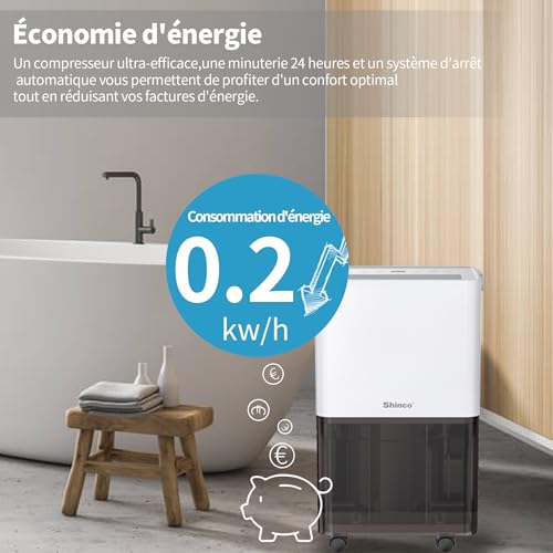 SHINCO Déshumidificateur d'air Silencieux 10L/Jour, Pour Max 15㎡, Fonction de déshumidification, Purification, Sèchage du linge, Minuterie 24h, Réservoir d'eau Transparent, Facile à contrôler – vue 8