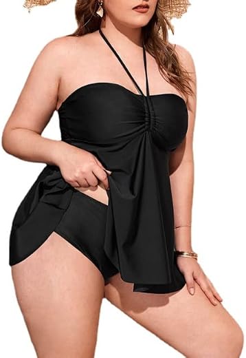 Plus Size Halter Low Cut Bikini Split Swimsuit - XL - 7XL