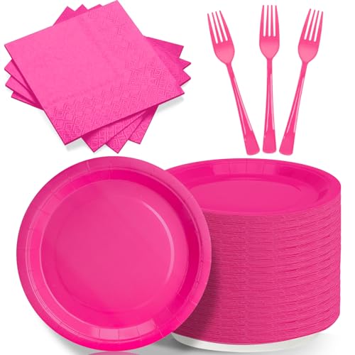 CENLBJ Hot Pink Party Plates and Napkins Include 7 Disposable Paper Dessert Plate Napkins Forks Party Supplies for Birthday Baby Shower Wedding Picnics Party Decorations for Serves 50