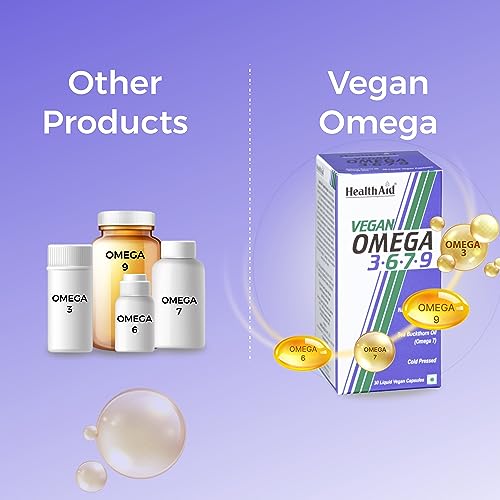 Image of HealthAid Veg Omega 3 6 7 9 - Plant-Based Fatty Acid Supplement for Heart, Brain, Joints & Digestion Support | High Absorption | 60 Softgel Capsules for Men & Women