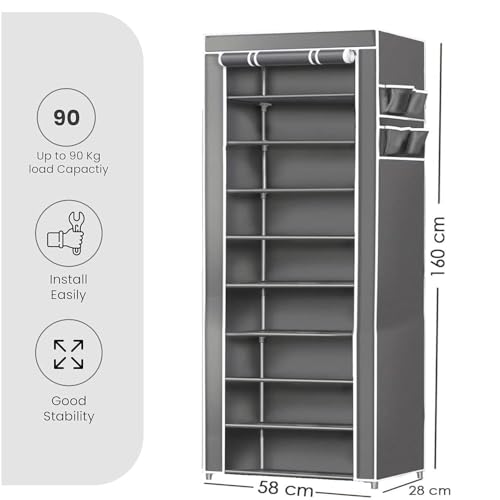 Image of ClearSpace Multipurpose Baby Wardrobe /Cabinet /Multipurpose Storage Rack, Foldable, Collapsible Fabric Wardrobe Organizer for Clothes (Plastic and Non Woven Fabric) (Gray, 9 - Layer)