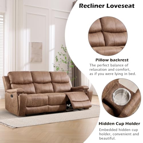 Image of CANMOV Faux Leather Manual Recliner Sofa Set, Manual Reclining Sofa and Recliner Chair with Concealed Cup Holders for Living Room,Bedroom Furniture,Nut Brown