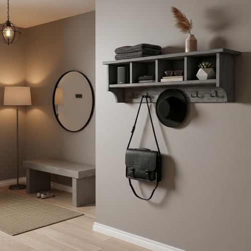 Alaterre Furniture Pomona Entryway Coat Rack – Rustic Farmhouse 48-Inch Wall-Mounted Coat Rack with 6 Double Hooks & 4 Open Cubbies – Solid Wood Mudroom Storage for Entryway or Hallway (Slate Grey) by Alaterre Furniture - Image 5