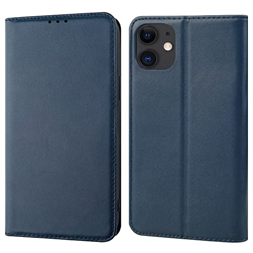 ONETOP for iPhone 11 Genuine Leather Wallet Case with Credit Card Holder, Wireless Charger Compatible RFID Blocking Hidden Magnetic Clasp Folio Cover with Kickstand 6.1 Inch (Blue)