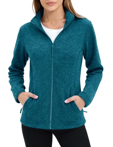 MAGCOMSEN Ladies Fleece Jackets Full Zip Long Sleeve Warm Soft Polar Lightweight Coat with Pockets for Winter L