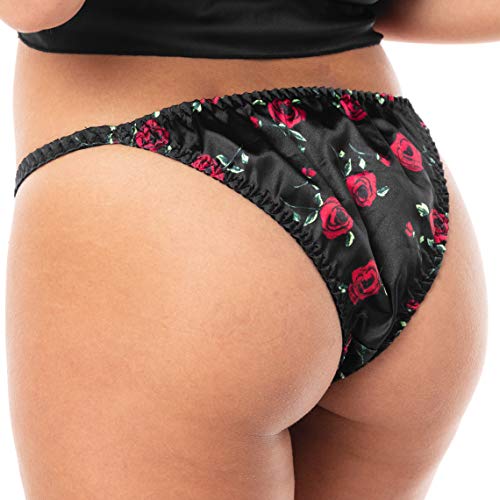 Satini Women's Print Tanga Bikini Briefs Satin Panties (Black - Red Roses, M) #TOP4