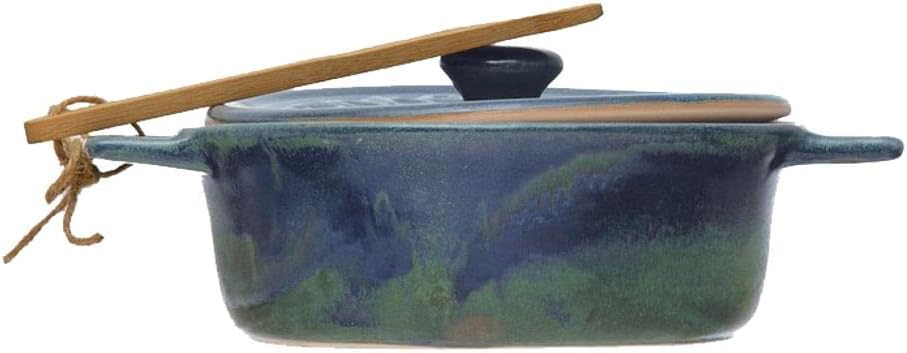 Creative Co-Op Stoneware Brie Baker with Bamboo Spreader Set in Reactive Glaze, Blue and Natural