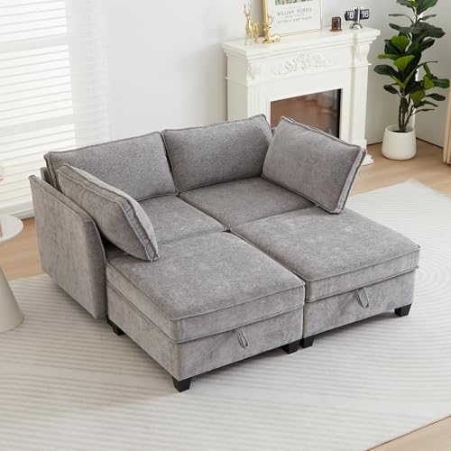 Image of ORRD Sleeper Modular Sectional Sofa Set, Convertible Couch Bed with Storage, 4 Seater and 2 Armrestes Sofa Modular for Living Room, Office (Grey)