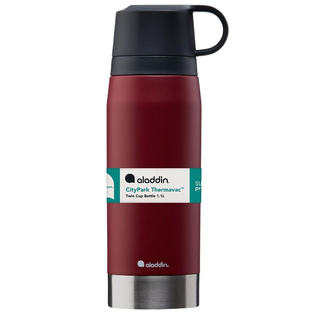 Aladdin CityPark Thermavac Twin Cup Bottle 1.1L Burgundy Red – BPA FREE Stainless Steel Bottle with Built in Twin Cup - Keeps Cold or Hot for 25 Hours - Leakproof - Dishwasher Safe | Thermoskanne, doppelwandige Vakuumisolierung, auslaufsicher, spülmaschin
