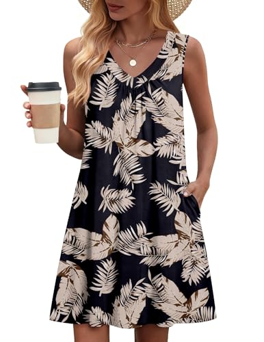 Image of Zeagoo Summer Dresses for Women 2026 Sleeveless Dress V Neck Tank Dress Pleated Floral Tshirt Sundresses with Pockets