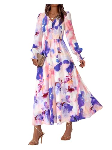 BTFBM Women Spring Wedding Guest Maxi Dresses 2026 Floral V Neck Long Sleeve Boho Long Dress Vacation(Purple Watercolour,X-Large)