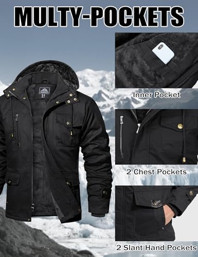 MAGCOMSEN Parka Herren Winterjacke Winddichte Gefüttert Winter Warme Fleece Cargo Jacke Stehkragen Übergangsjacke mit Abnehmbarer Kapuze Schwarz S