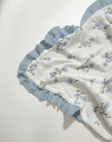 Image of Muslin Ruffled Baby Blanket, Extra Large 52 x 52 Inches, Soft Breathable Cotton Crib Blanket for Newborn Infant Toddler (Blue Meadow-Ruffled, Printed)