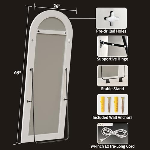 Image of Koonmi Arched LED Full Length Mirror 26 inch x 65 inch Wall Mounted /Standing Full Body Mirror with Dimmable & 3 Color Lighting, Aluminum Alloy Frame, Tempered Glass, Safe to Use, for Bedroom /Cloakroom