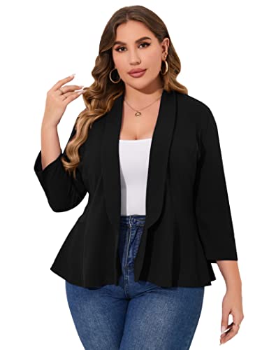 KOJOOIN Women Plus Size Casual Blazer Open Front Long Sleeve Work Office Cardigan Jackets Black 2XL