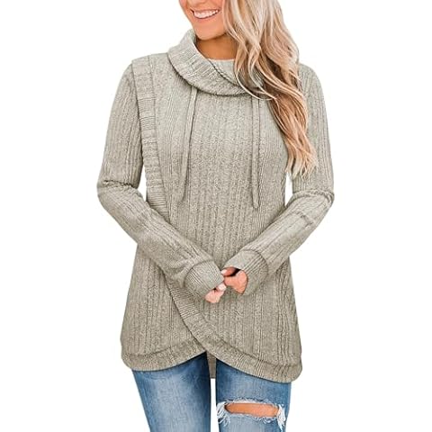Bulotus Tunics or Tops to Wear with Leggings, Cowl Neck Sweaters for Women Trendy Fall Long Womens Winter Tunic Sweater Knit Warm Pullover Sweaters Tunic Tops for Women Loose Fit Dressy, Beige, M Cover