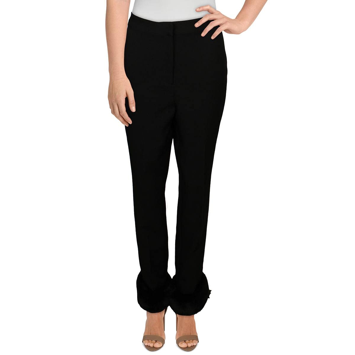 Danielle Bernstein Womens Faux Fur Trim Slim Straight Leg Pants Black 8