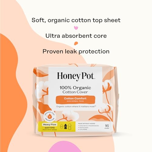 Image of The Honey Pot Company - Sanitary Pads for Women - Non-Herbal Heavy Flow Daytime w /Wings - Organic Cotton Cover & Ultra-Absorbent Core - Feminine Care - 16 ct