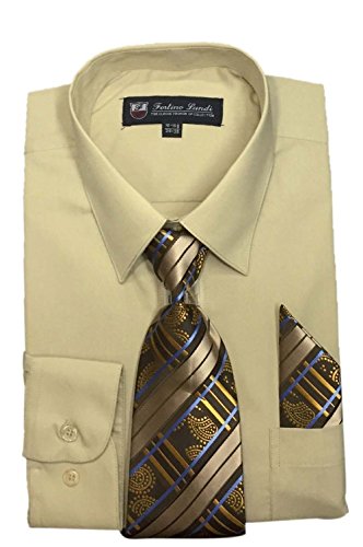 Fortino Landi Men's Long Sleeve Dress Shirt with Matching Tie and Handkerchief (16-16.5 Neck 34/35 Sleeve (Large), Tan)