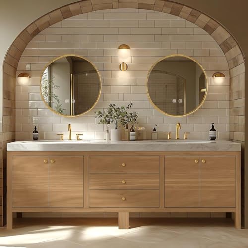 High QLO Bathroom Vanity - 92IN Retro Bathroom Vanity with Double Sinks Includes Round Mirrors & Symmetrical Cabinets|Exquisite Log Style,Exquisite Handle,LED Smart Defog Mirror