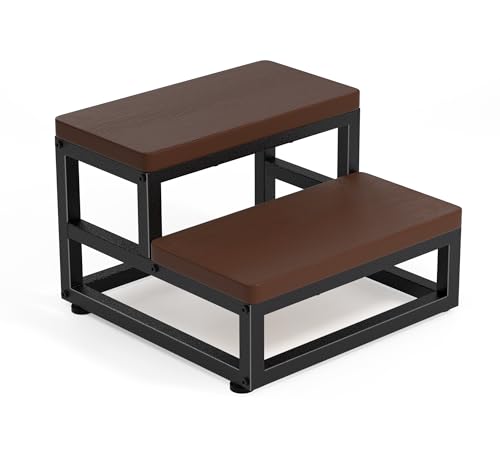 Taburete de 2 escalones para adultos y niños, taburete de polietileno de alta densidad resistente al agua, reposapiés antideslizante con pies ajustables, marco de metal resistente para cocina, baño