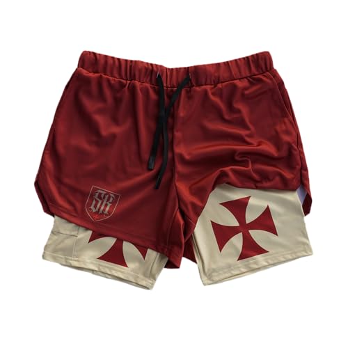 SAINT KAIZEN Crusader Cross (Red & Yellow) Performance Shorts for Men - Christian Gym Shorts Two-Layer Design with Secure Phone Pocket Quick-Dry Workout Shorts - Large